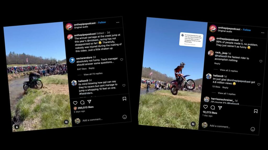 Regardez les motards Hard Enduro Dirt sauter un ruisseau et échouer de façon spectaculaire