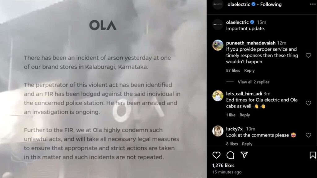 Ola Electric a vu un client en colère mettre le feu à un magasin et se fait critiquer sur les réseaux sociaux