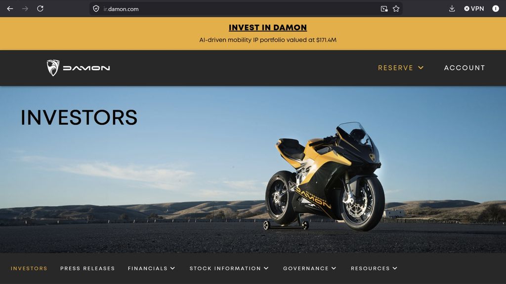 Site Web des relations avec les investisseurs de Damon Motorcycles, capture d'écran du 20/04/2026